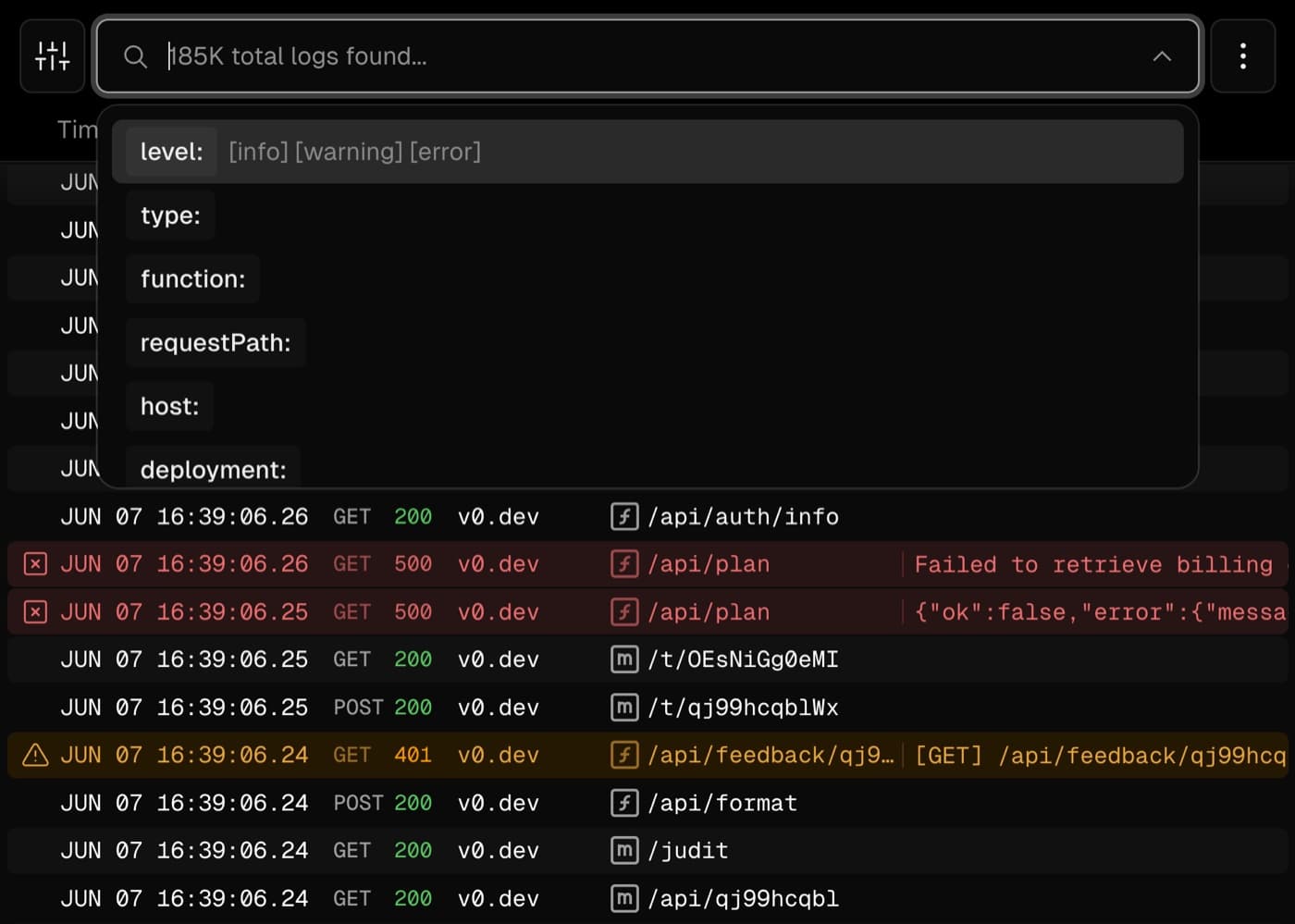 Logs workflow screen