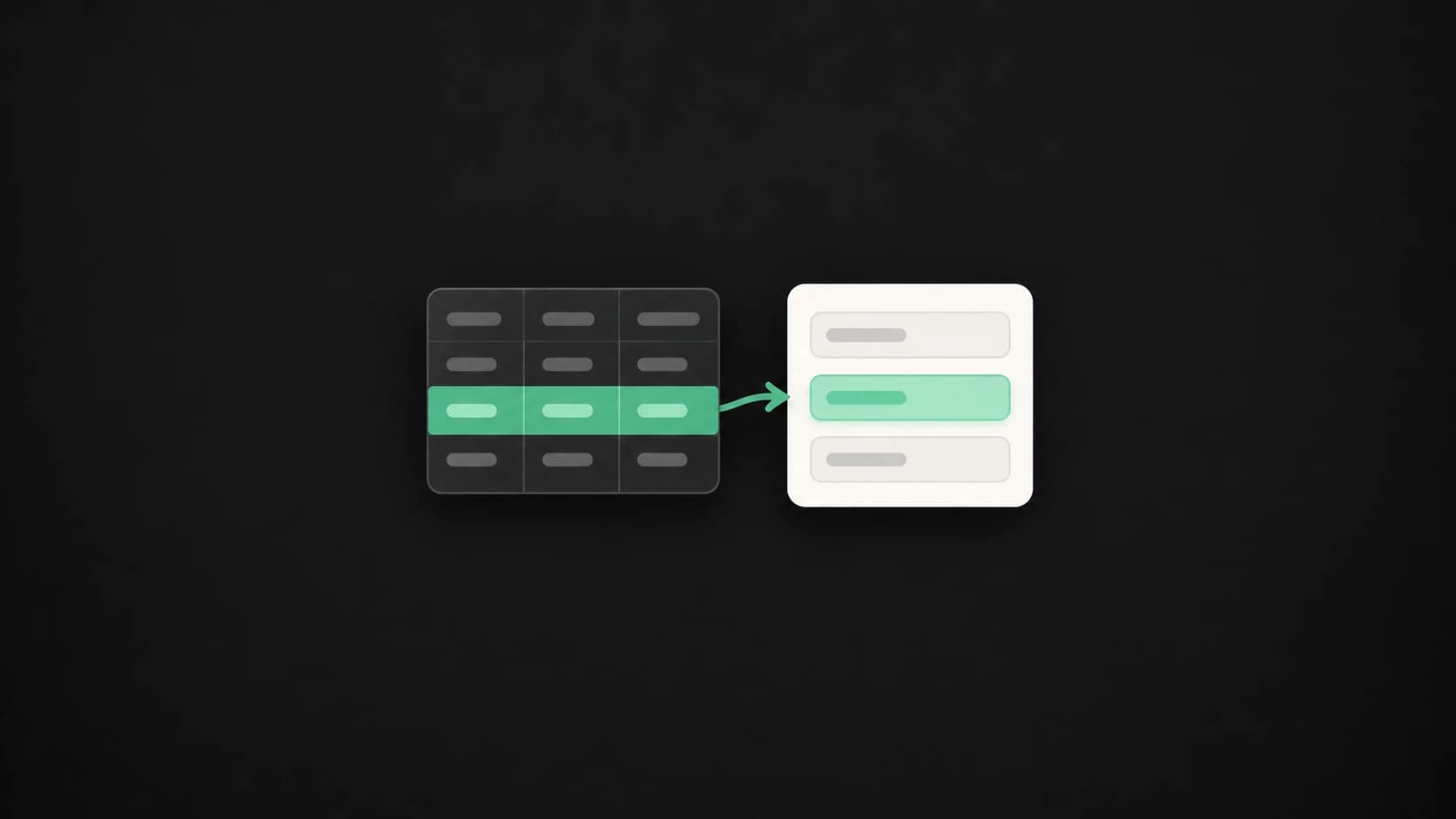 A highlighted spreadsheet row flows into a simple form through a mint arrow.